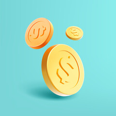 Realistic dollar coins, 3D. Coins on turquoise background for concepts of finance, business, investment, and savings. Vector illustration.