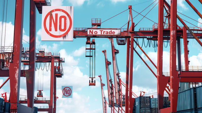 Cranes at shipping port display No Trade signs, emphasizing restrictions on cargo loading. vibrant red structures contrast against bright blue sky, creating striking visual