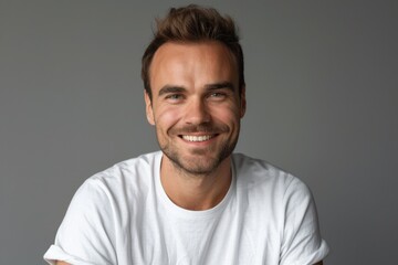 Smiling man in white shirt  close up portrait on gray background