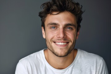 Fototapeta premium Close up portrait of smiling handsome man in white t shirt isolated on grey background