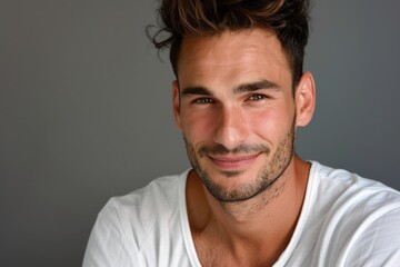 Fototapeta premium Smiling man in white shirt close up portrait on gray background