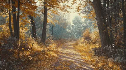 Obraz premium Golden Leaf Pathway, a serene forest trail adorned with vibrant autumn foliage, sunlight filtering through towering trees, evoking a warm and inviting seasonal ambiance