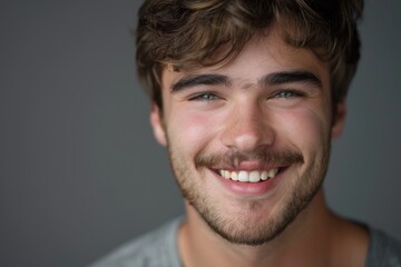 Obraz premium Close up daylight portrait of young smiling handsome man isolated on gray background