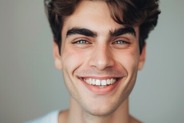 Fototapeta premium Close up daylight portrait of young smiling handsome man isolated on gray background