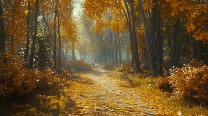 Obraz premium Autumn Serenity, a tranquil forest path blanketed in golden leaves, sunlight filtering through towering trees, evoking warmth and the beauty of seasonal change.