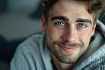 Closeup of happy young man looking at camera at home