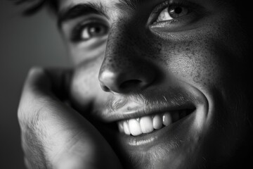 Close up of young smiling man resting chin on palm  low key  black and white
