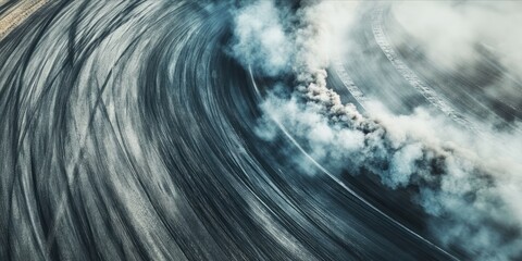 Top view abstract background with tire marks and smoke on race track, Generative Ai.