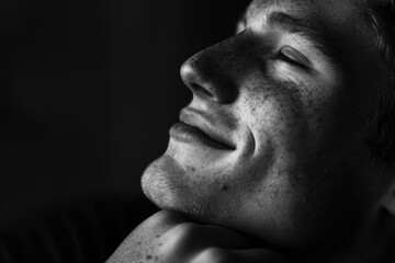 Close up of young smiling man resting chin on palm looking upwards  low key  black and white