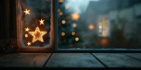 Rustic winter window with glowing star ornaments and a blurred Christmas tree in the background