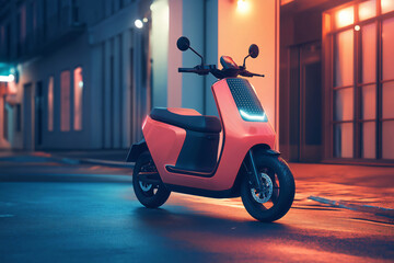 Modern pink electric scooter parked on a city street at night, showcasing innovative and eco friendly urban transportation