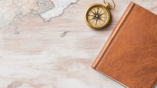 Golden compass and leather journal on a rustic table with a chocolate map creating an adventurous flat lay for travel enthusiasts