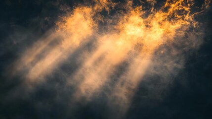 Fototapeta premium Ethereal scene of golden light beams breaking through swirling mist in a dark atmospheric setting