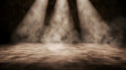 Dramatic scene with dense smoke clouds and focused spotlight beams creating a moody ambiance in a textured dark space