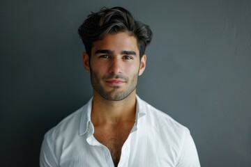 Fototapeta premium Portrait of stylish young businessman on grey background.