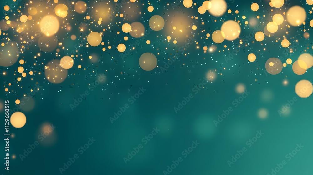 Poster abstract golden bokeh particles floating over a gradient teal background, ideal for elegant and cele