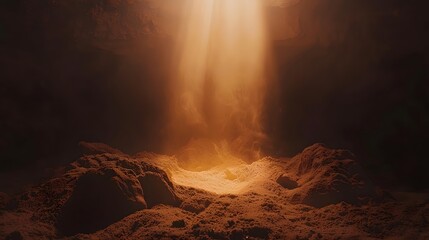 Dramatic atmospheric light rays illuminating a mysterious cave interior with warm amber tones