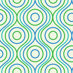 Mid Century Modern Circles on ogee oval lines seamless pattern in green, blue and teal . For wallpaper, home décor and fabric