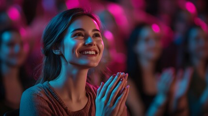 Enthusiastic crowd clapping in appreciation at a lively event, focus on a cheerful young woman in dynamic pink lighting