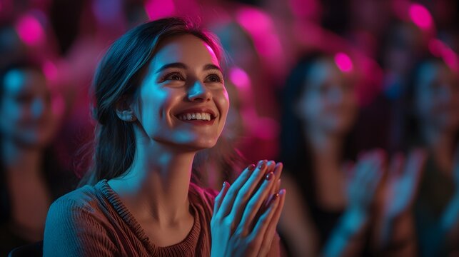 Enthusiastic crowd clapping in appreciation at a lively event, focus on a cheerful young woman in dynamic pink lighting