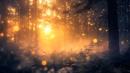 Obraz premium Magical forest with golden sunlight streaming through trees and glittering particles creating an ethereal atmosphere
