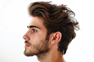 Side view of a handsome man facial portrait isolated on a white background