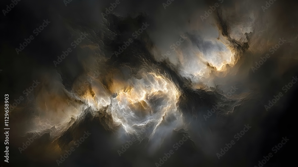 Poster dramatic cosmic cloudscape with dark swirling fog and golden light beams creating a mysterious atmos