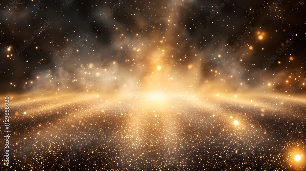 Wall mural glittering golden particles in a radiant abstract field with ethereal fog and light beams for a cosm