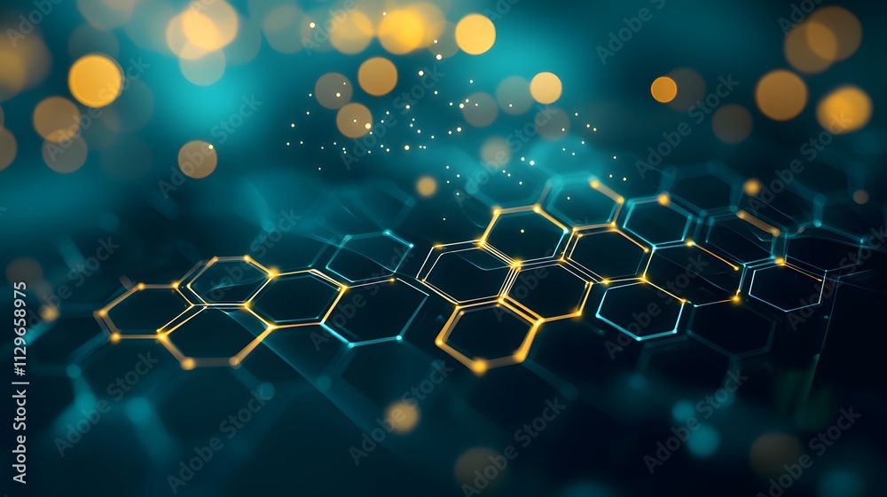 Canvas Prints golden and teal hexagonal patterns illuminated with sparkling light points and a dreamy bokeh backgr