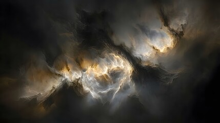 Dramatic cosmic cloudscape with dark swirling fog and golden light beams creating a mysterious atmosphere