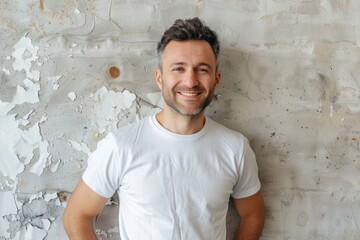 Fototapeta premium Smiling man in blank t shirt white grunge wall background