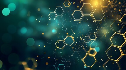 Abstract golden hexagonal grid glowing with soft light and floating bokeh elements on a deep green background