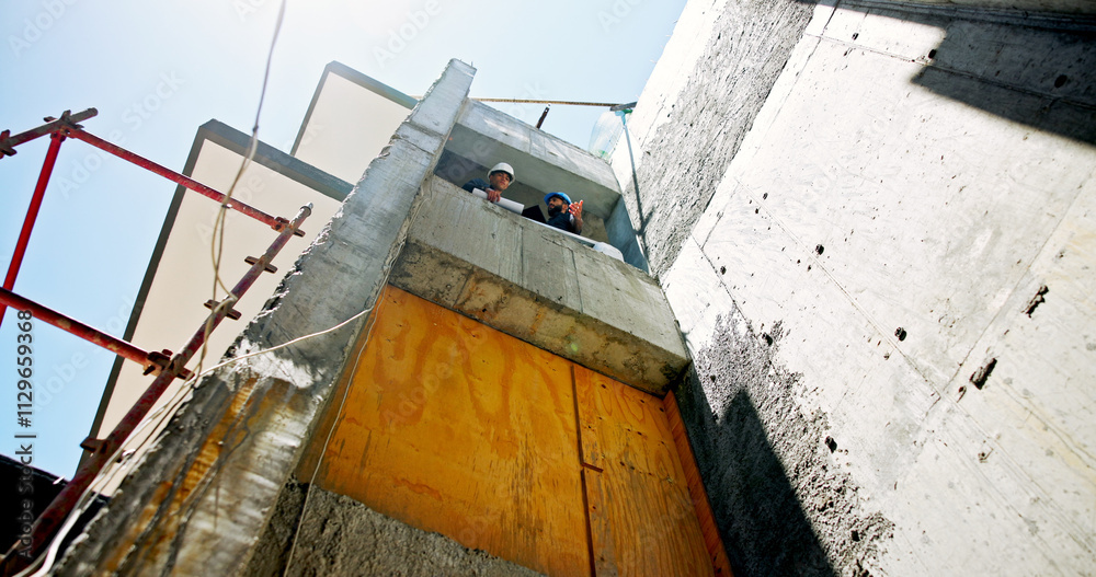 Aufkleber architect, teamwork and building inspection with paperwork for safety compliance and project managem