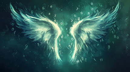 Angelic numerology template - pair of angel wings with numbers flowing from top to bottom on a dark green and dark blue background ideal for a numerologist theme. Serendipity. Illustration