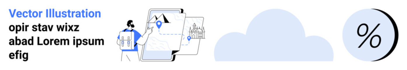 Businessman standing with charts, graphs, cloud, and percentage symbol. Ideal for business analytics, presentations, data visualization, cloud storage, financial reports, marketing plans, educational