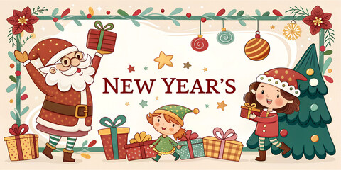 Santa and children celebrating New Years with gifts, a Christmas tree, and festive decorations. Holiday illustration for designs