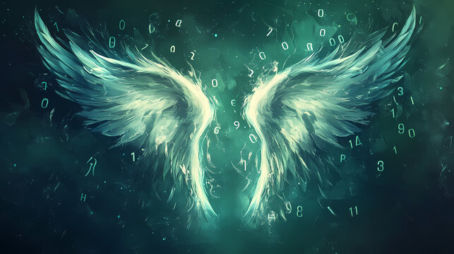 Angelic numerology template - pair of angel wings with numbers flowing from top to bottom on a dark green and dark blue background ideal for a numerologist theme. Serendipity. Illustration
