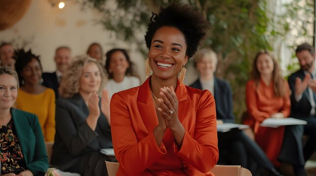 Confident woman in orange suit clapping with a radiant smile, surrounded by a diverse audience in a bright indoor event space with greenery in the background