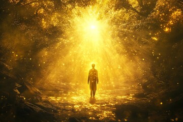Golden light illuminates a figure walking through a mystical forest during a serene moment at dusk. Generative AI