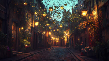 Charming cobblestone street adorned with glowing shamrocks and lanterns at dusk. happy st. patrick's day. saint patrick. Serendipity. Illustration