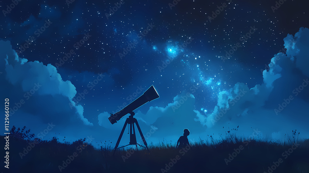 Wall mural exploring the mysteries of the universe with a stellar telescope under a starry sky, digital art of 