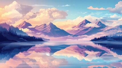 Obraz premium Fantasy landscape featuring majestic mountains soft clouds and a serene lake. Serendipity. Illustration