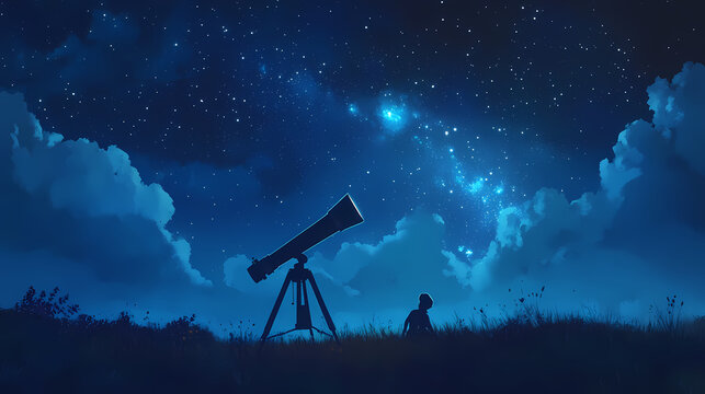 Exploring the mysteries of the universe with a stellar telescope under a starry sky, digital art of astronomy concept. Serendipity. Illustration