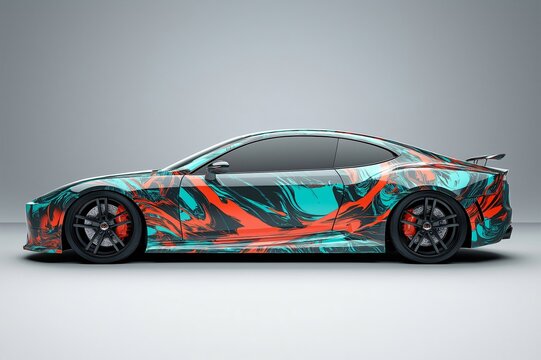 Studio shot showcasing a luxury sports car featuring a vibrant marble wrap design, combining teal, orange, and black hues