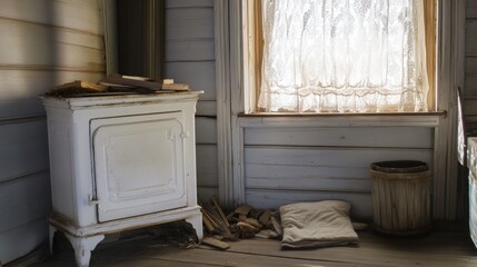 Cozy interior of an old Russian izba with a white wood-burning stove surrounded by firewood, rustic furniture, and lace curtains on frosted windows, evoking a serene winter charm.