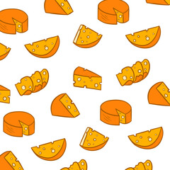 Cheese cheddar seamless pattern. Cheese seamless background. Cheese pattern background. Pieces of yellow cheese, isolated on a white background.
