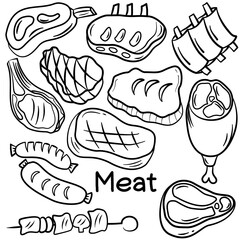 Beautiful doodle meat products. Food meat product isolated on white. Set of steak vector illustrations.
