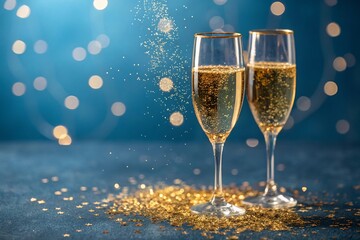 Champagne Toast Celebration - Happy New Year - Golden Goblets Glittering on Abstract Blue Background with Defocused Bokeh Lights.