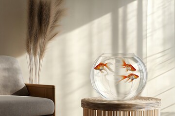 Three goldfish swimming in a round fishbowl, placed on a small table in a modern living room with natural light and pampas grass