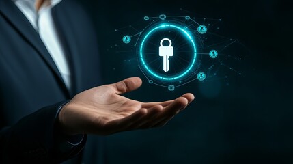Businessman showcases digital security concept with glowing key icon and network connections floating above open palm